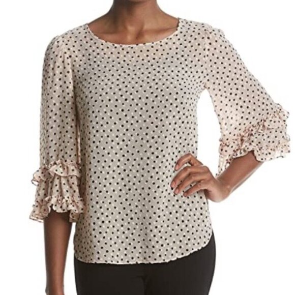 Max Studios Pink Polka Dot Ruffle Bell Sleeve Blouse Small - Picture 1 of 10